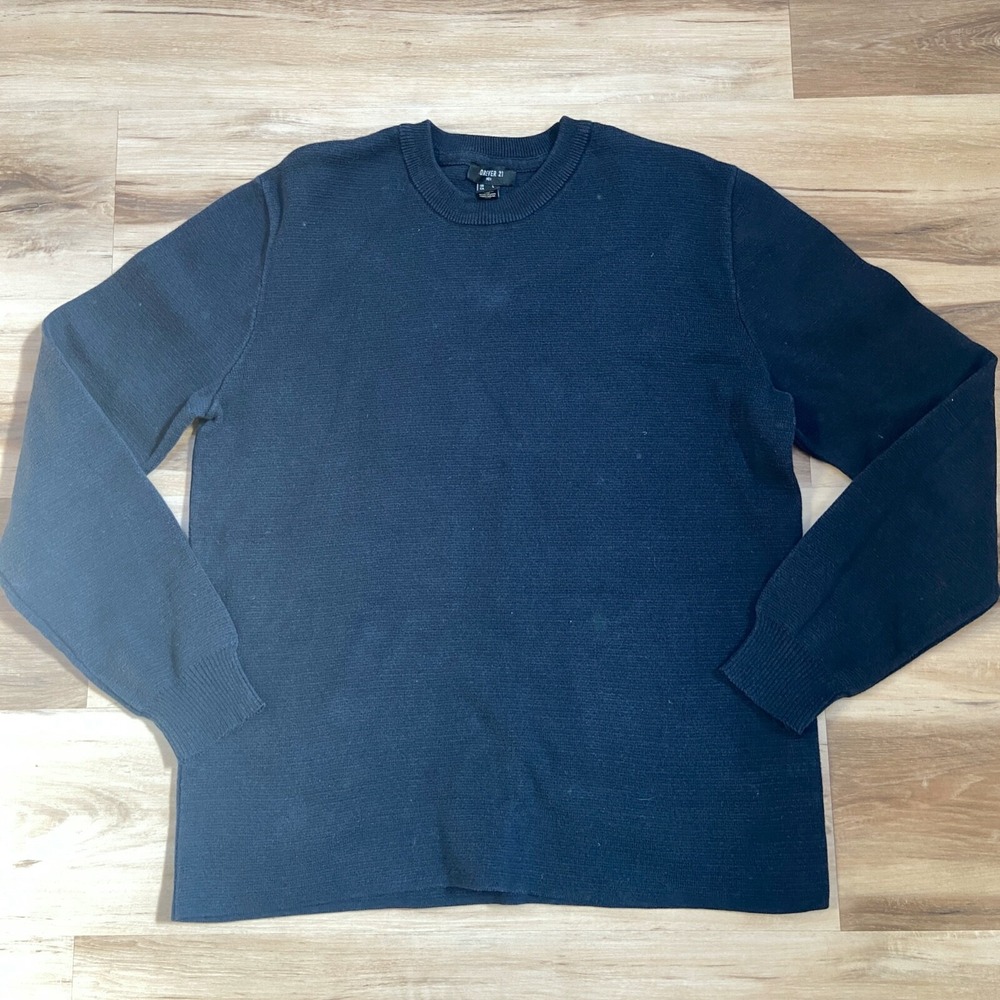 Forever 21 Men Sweater Large Crewneck Knit Cotton Blend Navy Blue Solid